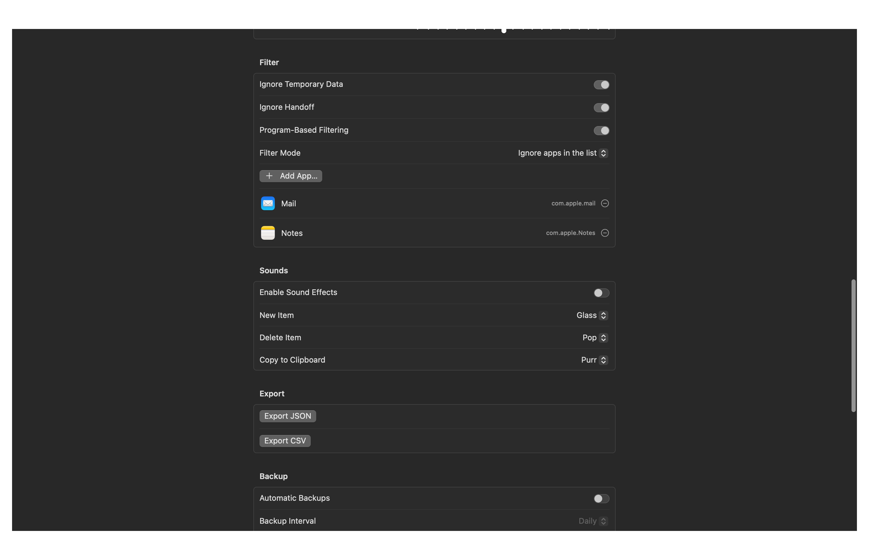 MainClip capture-filter settings for controlling what is stored.